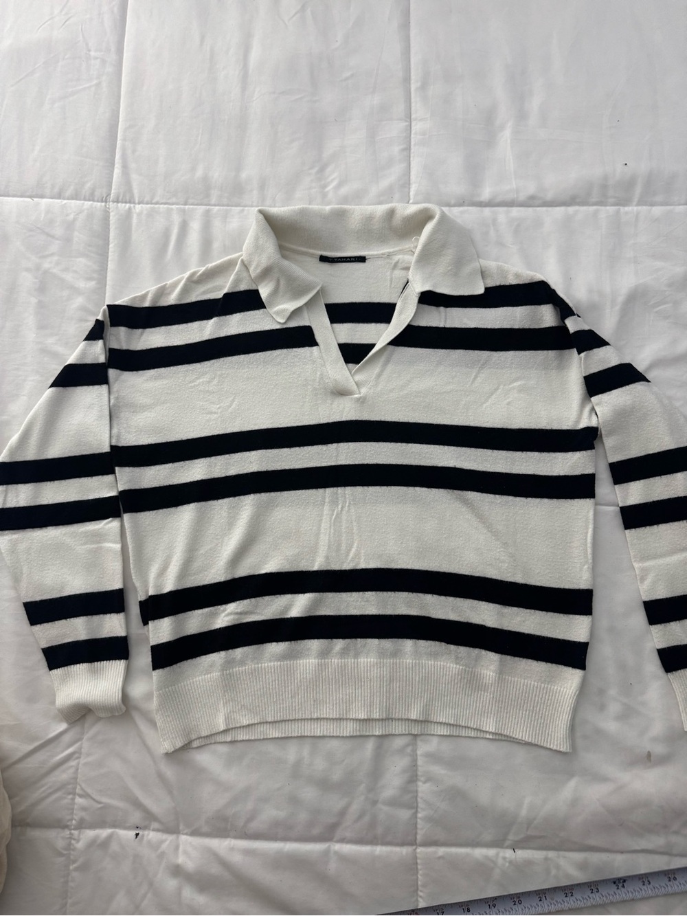 Tahari White and Black Striped V-Neck Polo Sweater